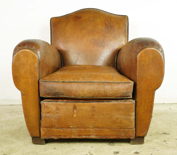 Seating - European French Brown Leather Club Chair with Wood Feet