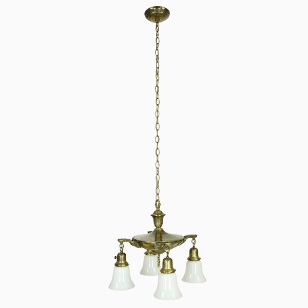 Chandeliers - Victorian 4 Arm White Glass Shade Brass Pan Chandelier