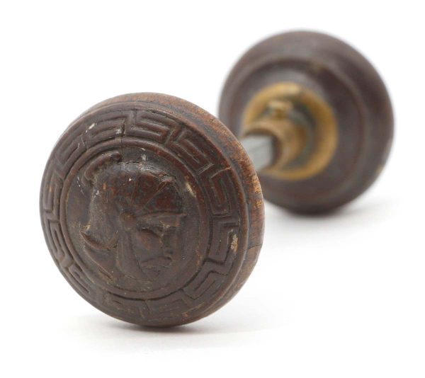 Door Knobs - Pair of 1870s Antique Greek Head Wood Passage Door Knobs