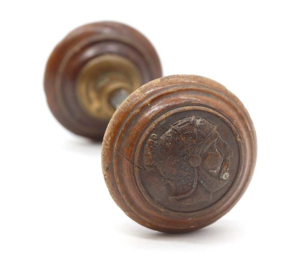 Door Knobs - Pair of 1870s Greek Head Wood Passage Door Knobs