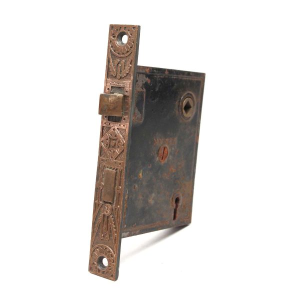 Door Locks - Mallory Wheeler Cast Iron Mortise Lock with Ornate Brass Faceplate