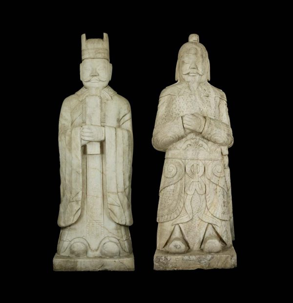 Stone & Terra Cotta - Pair of 5.5 ft Chinese Marble Civil Officer & Military Leader Statues